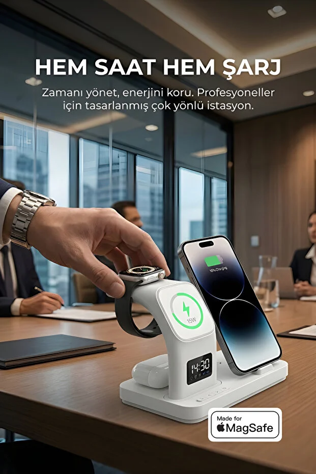 Magsafe Destekli Kablosuz Hızlı Şarj Stand 3 in 1 Apple iphone Android Uyumlu Led Alarm Saat